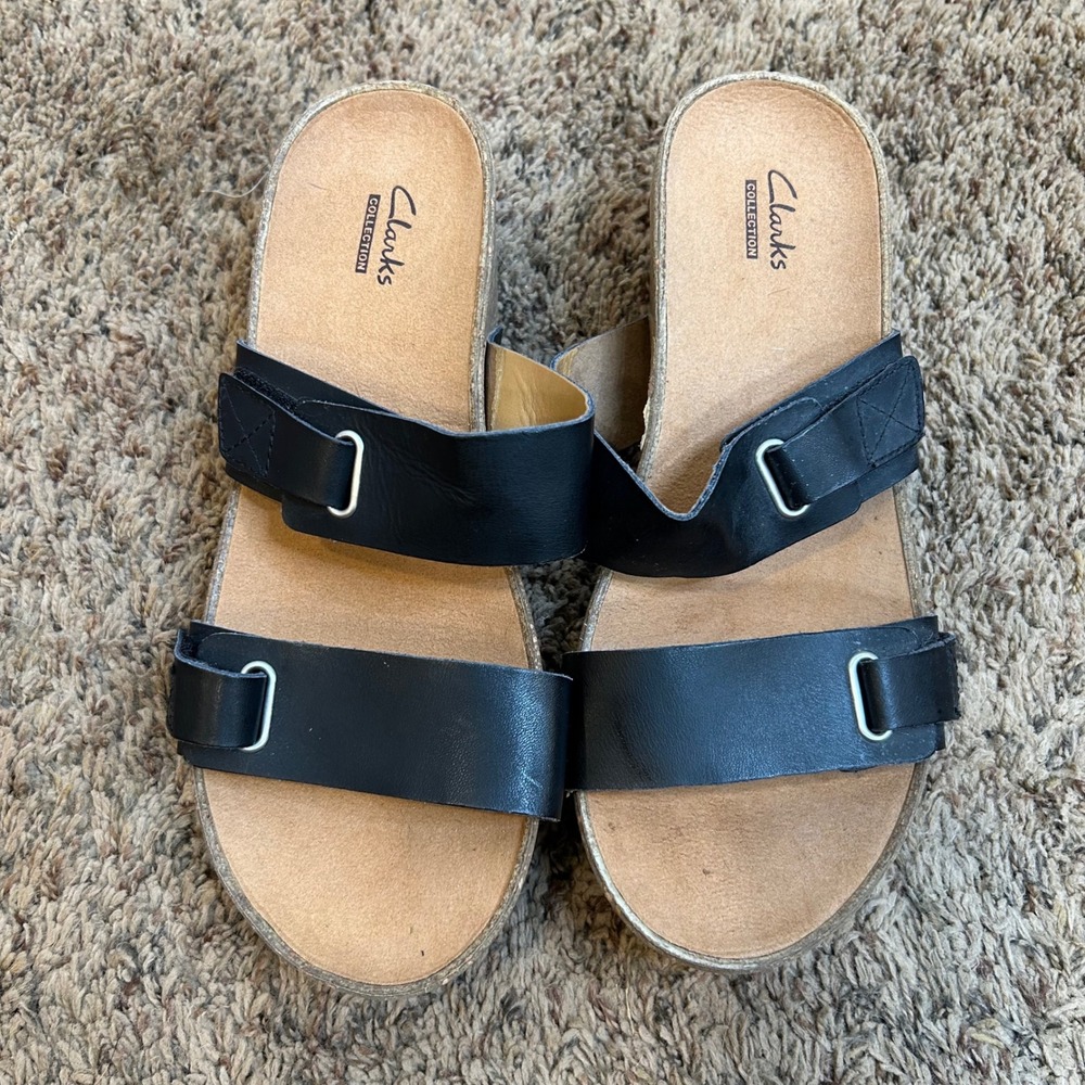 Clarks Collection Auriel Till Black Leather Wedge Slide Sandals 8W 26105513